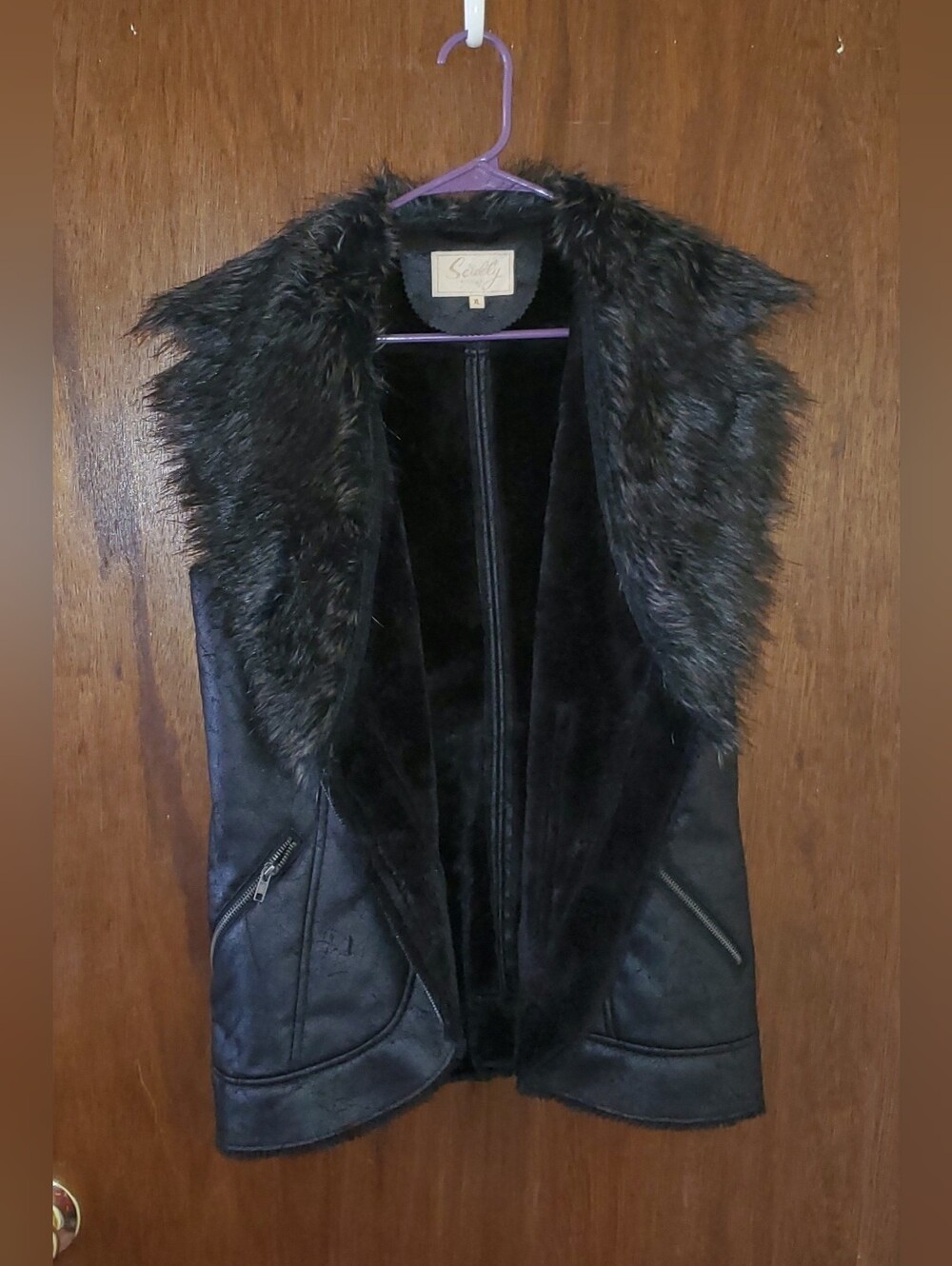Scully Black Faux Fur-Trim Vest Sz Large
